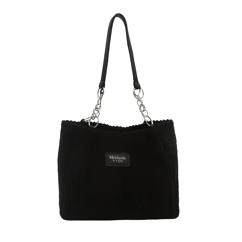 Elegant Corduroy Handbag for Women - Chain Shoulder Strap, Spacious Design, Zip Closure