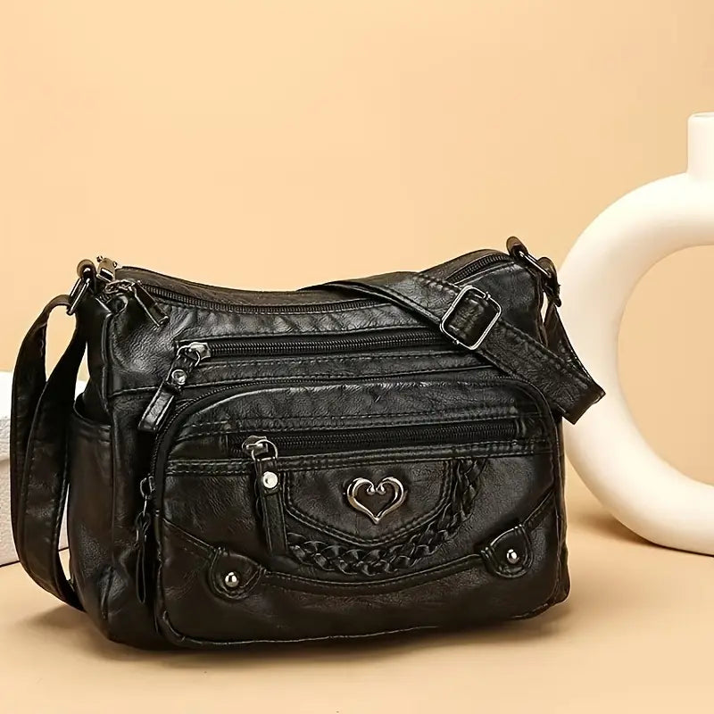 Chic Vintage Brown Crossbody Bag with Heart Accent