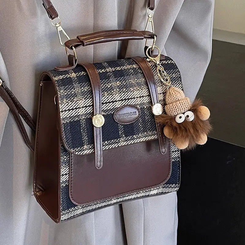 Trendy British Plaid Backpack for Women - Casual Satchel with Buckle Closure, Hand Washable