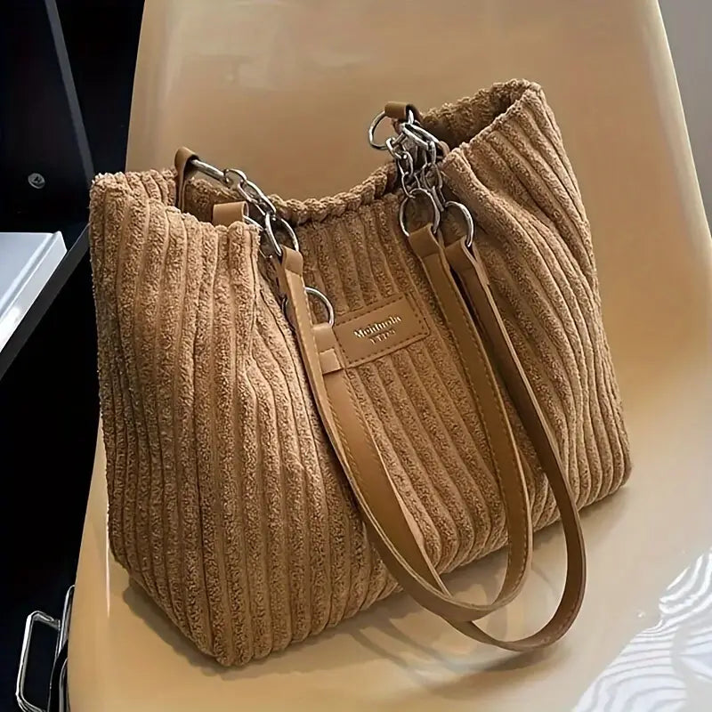 Elegant Corduroy Handbag for Women - Chain Shoulder Strap, Spacious Design, Zip Closure