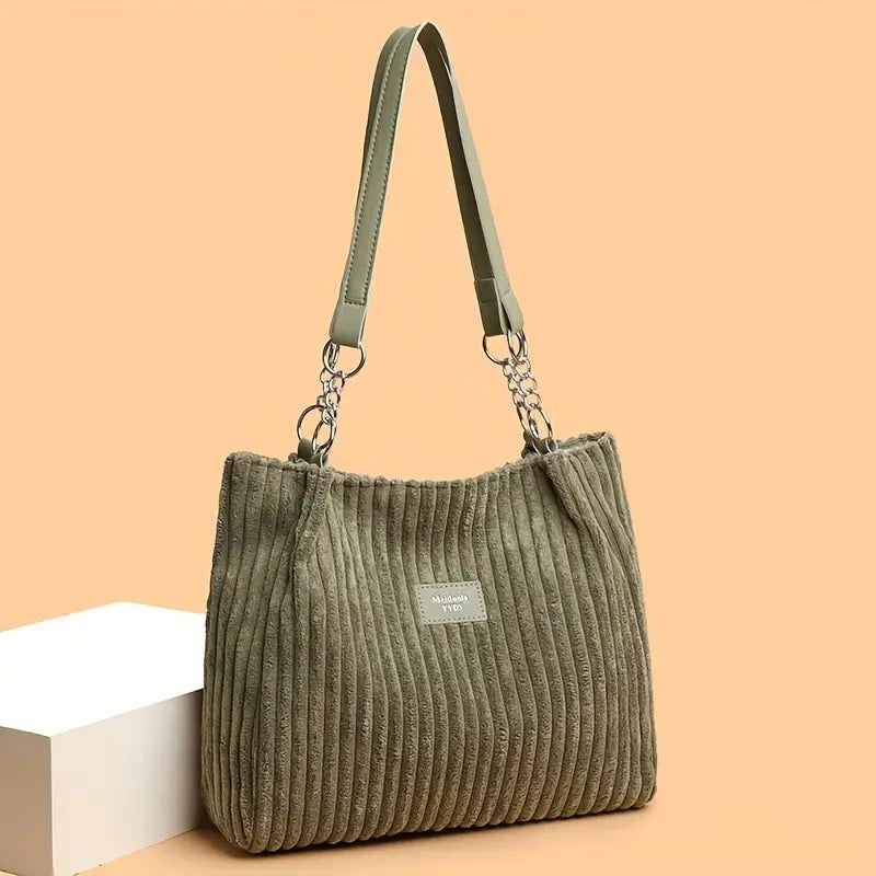 Elegant Corduroy Handbag for Women - Chain Shoulder Strap, Spacious Design, Zip Closure