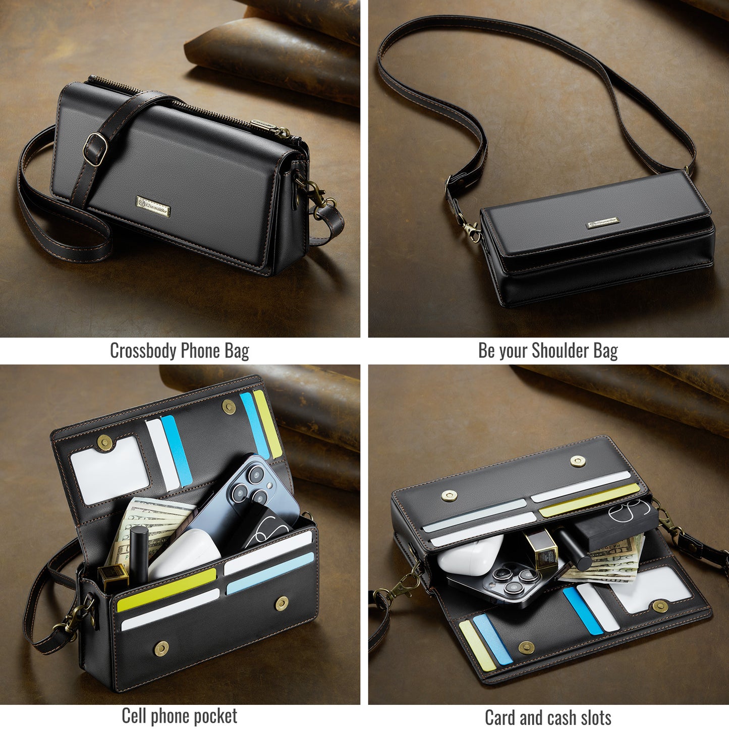 Multi-Functional Crossbody Shoulder Bag for Women/Men - RFID Blocking Wallet with 7 Card Slots, Adjustable Strap & Wristlet, Durable Edging Stitching