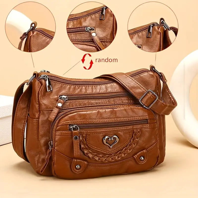 Chic Vintage Brown Crossbody Bag with Heart Accent