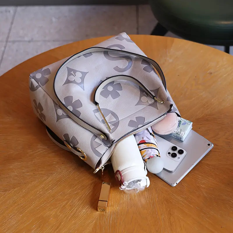 Elegant Floral Embossed Satchel Handbag - Faux Leather with Zipper Closure