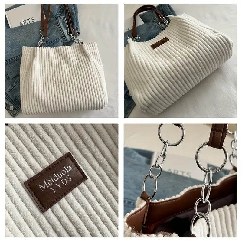 Elegant Corduroy Handbag for Women - Chain Shoulder Strap, Spacious Design, Zip Closure
