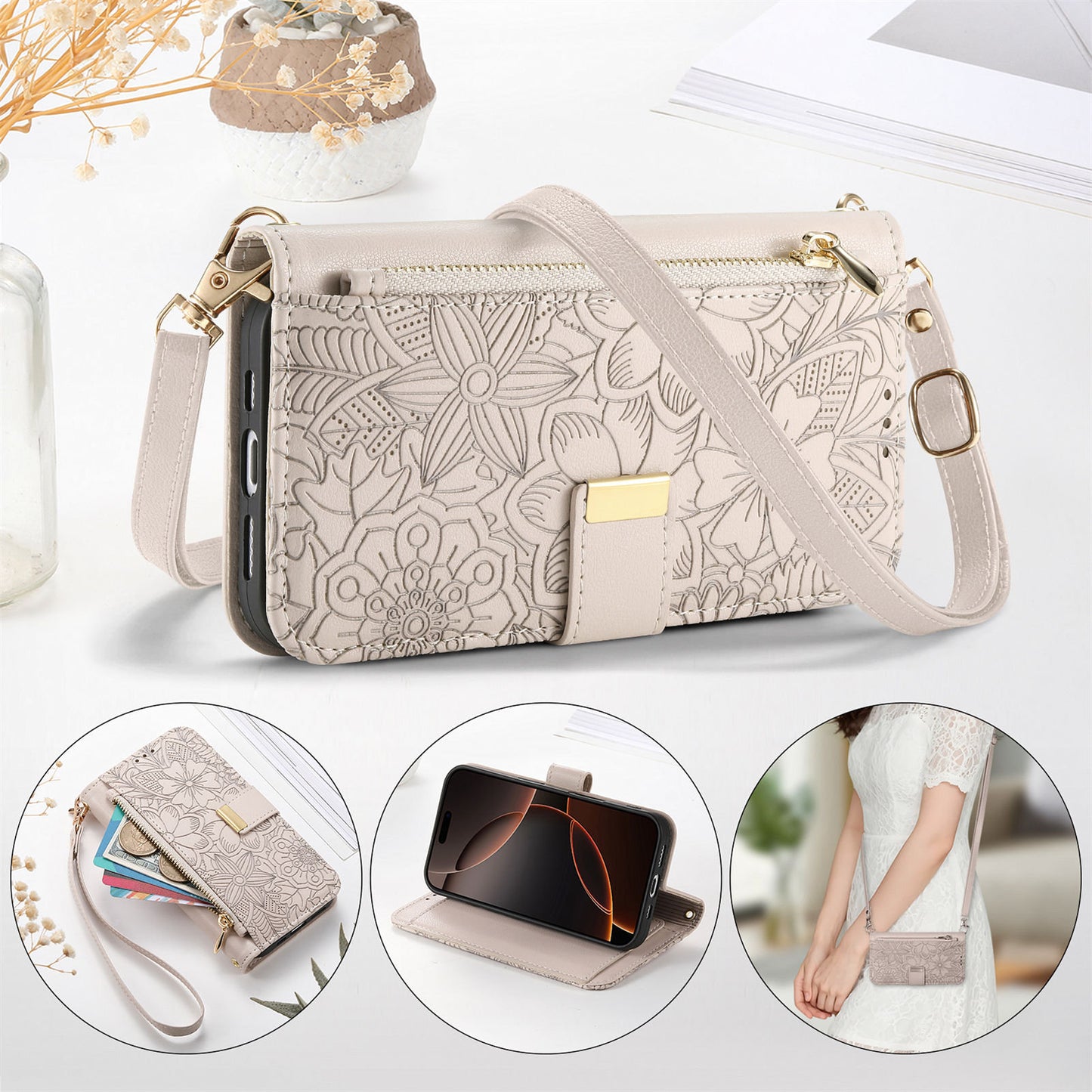 Floral & Leaf Elegant Fashion Crossbody Flip Phone Case for Samsung