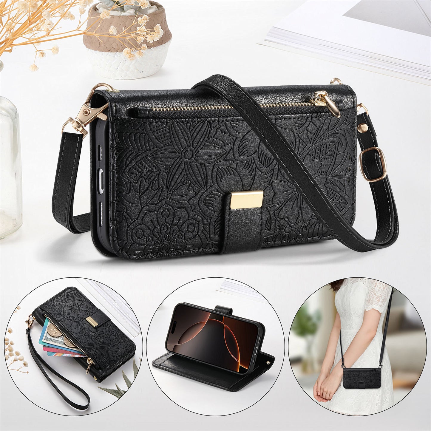 Floral & Leaf Elegant Fashion Crossbody Flip Phone Case for Samsung