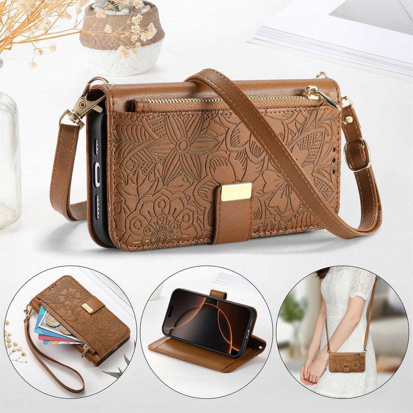 Floral & Leaf Elegant Fashion Crossbody Flip Phone Case for Samsung