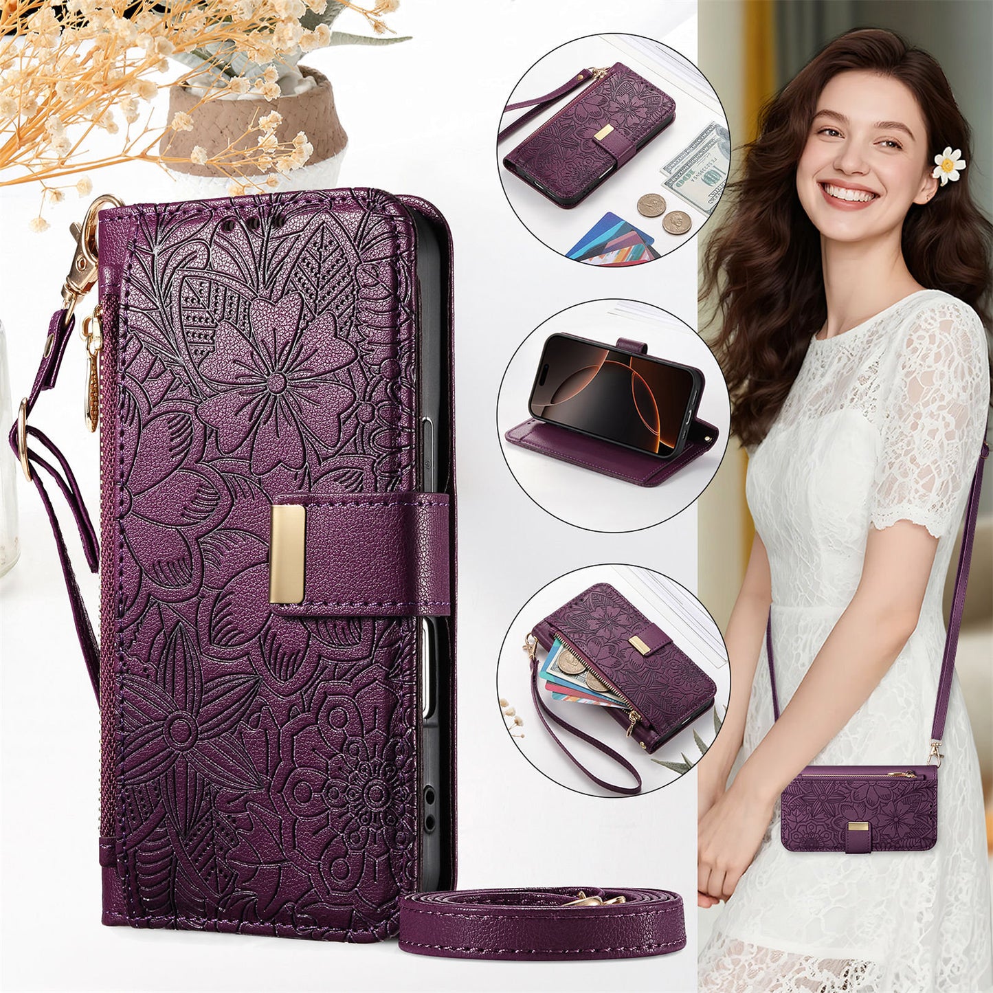 Floral & Leaf Elegant Fashion Crossbody Flip Phone Case for Samsung