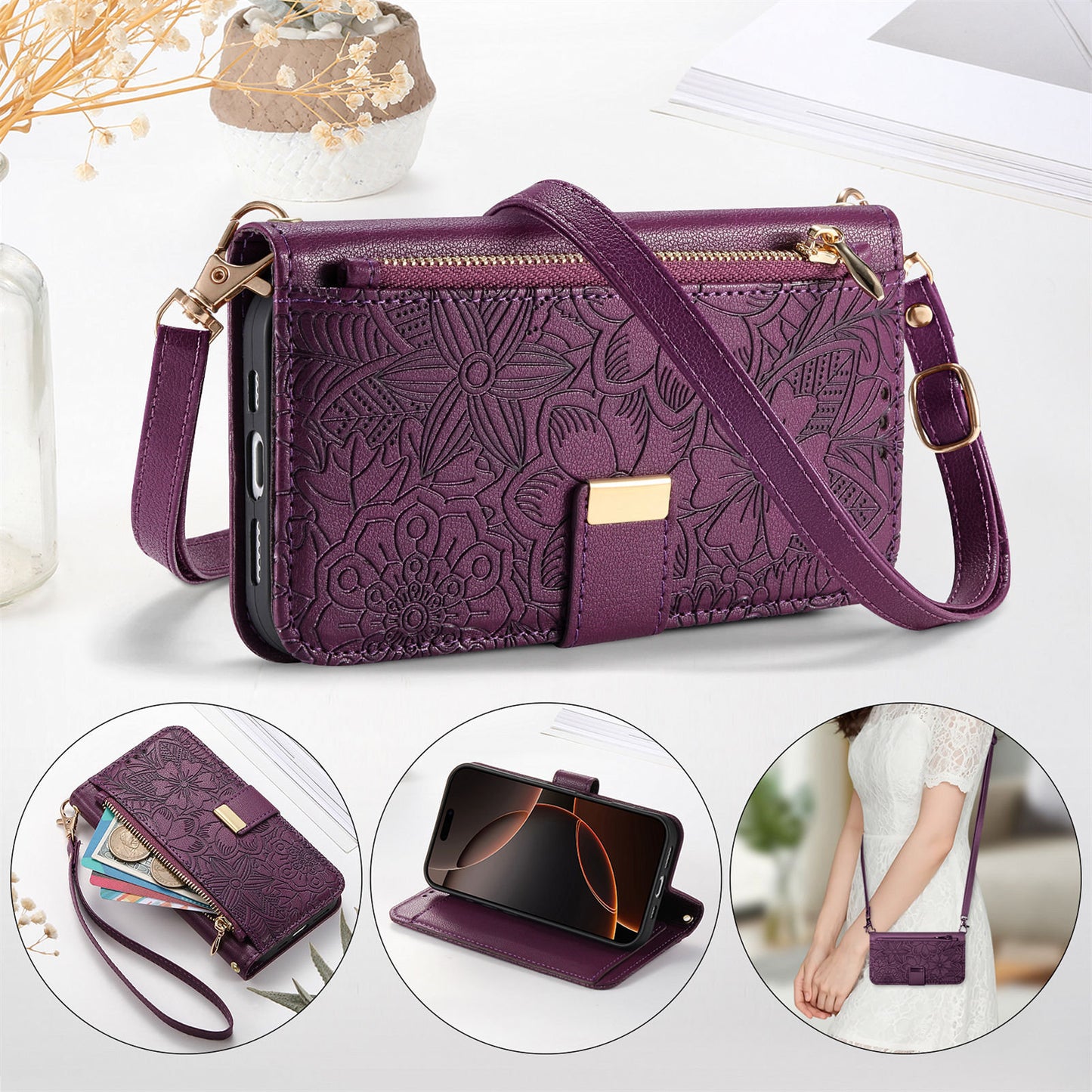 Floral & Leaf Elegant Fashion Crossbody Flip Phone Case for Samsung