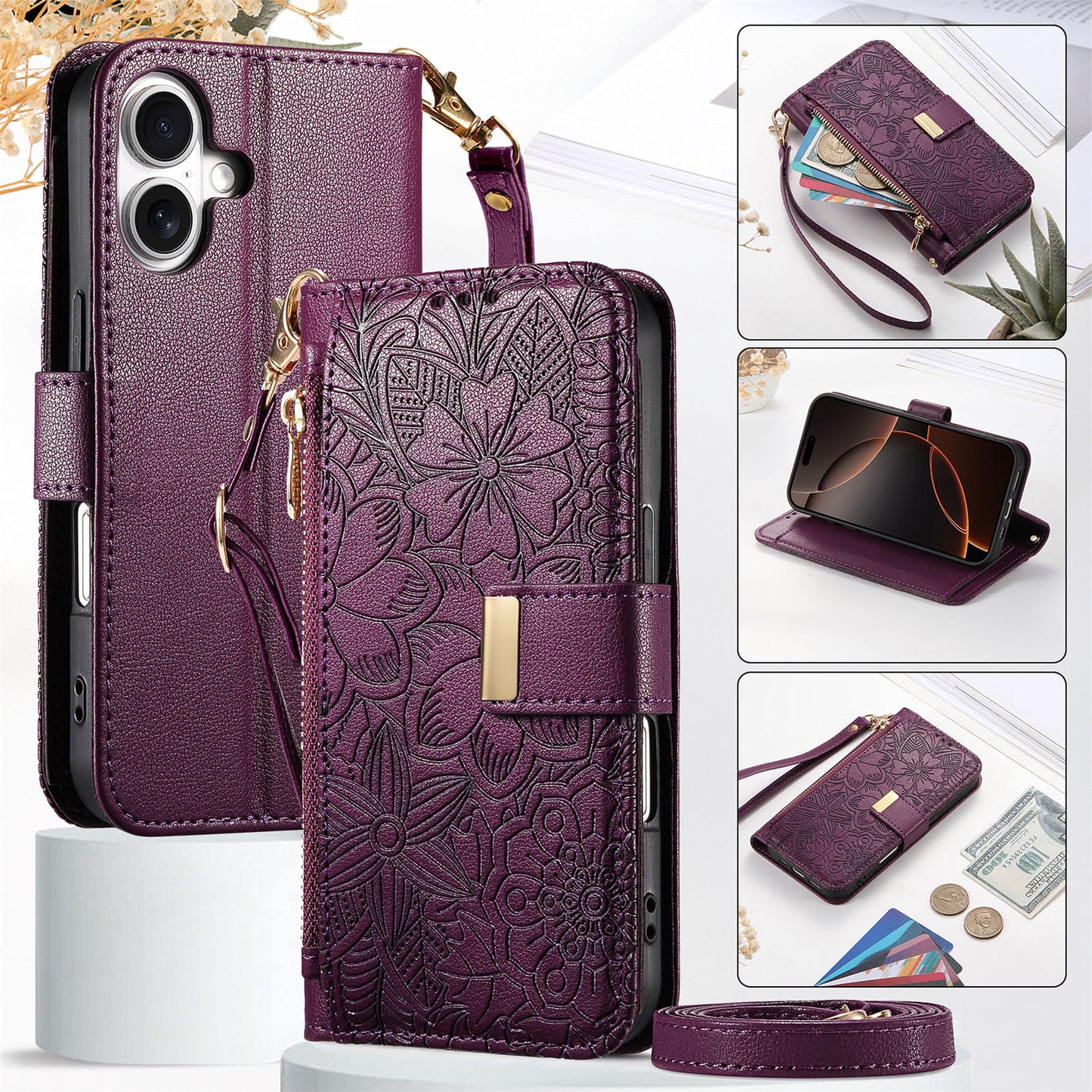 Floral & Leaf Elegant Fashion Crossbody Flip Phone Case for Samsung