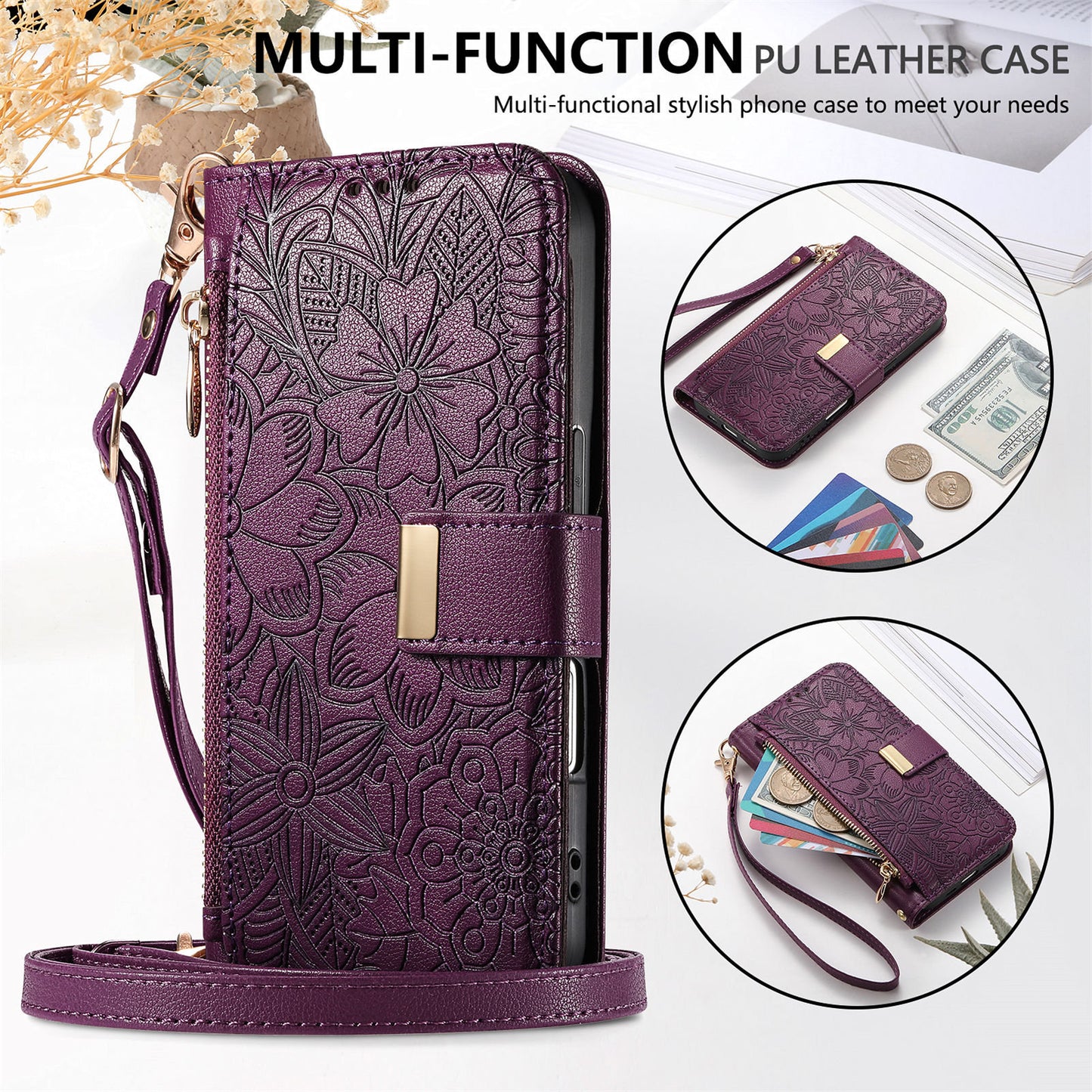 Floral & Leaf Elegant Fashion Crossbody Flip Phone Case for Samsung