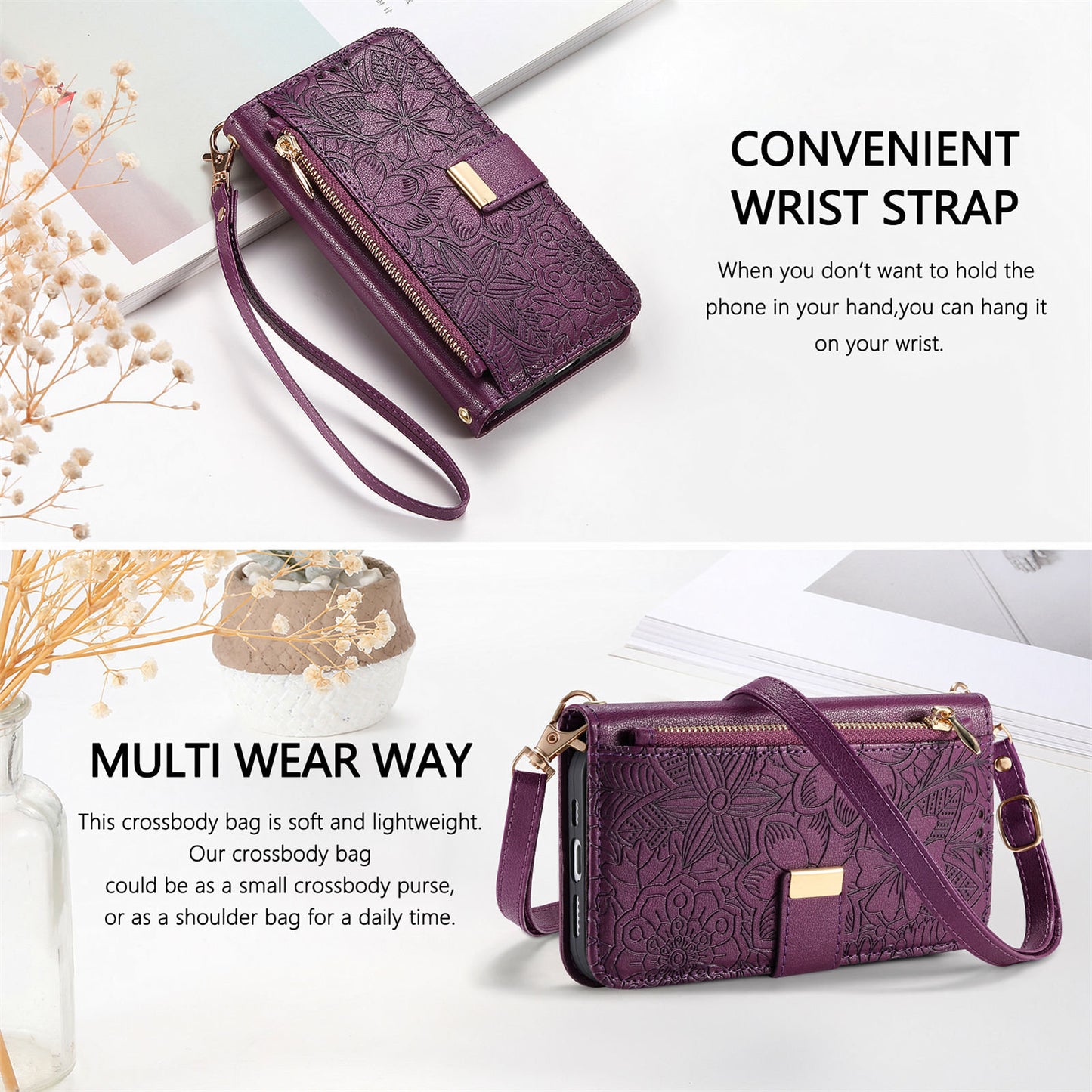 Floral & Leaf Elegant Fashion Crossbody Flip Phone Case for Samsung
