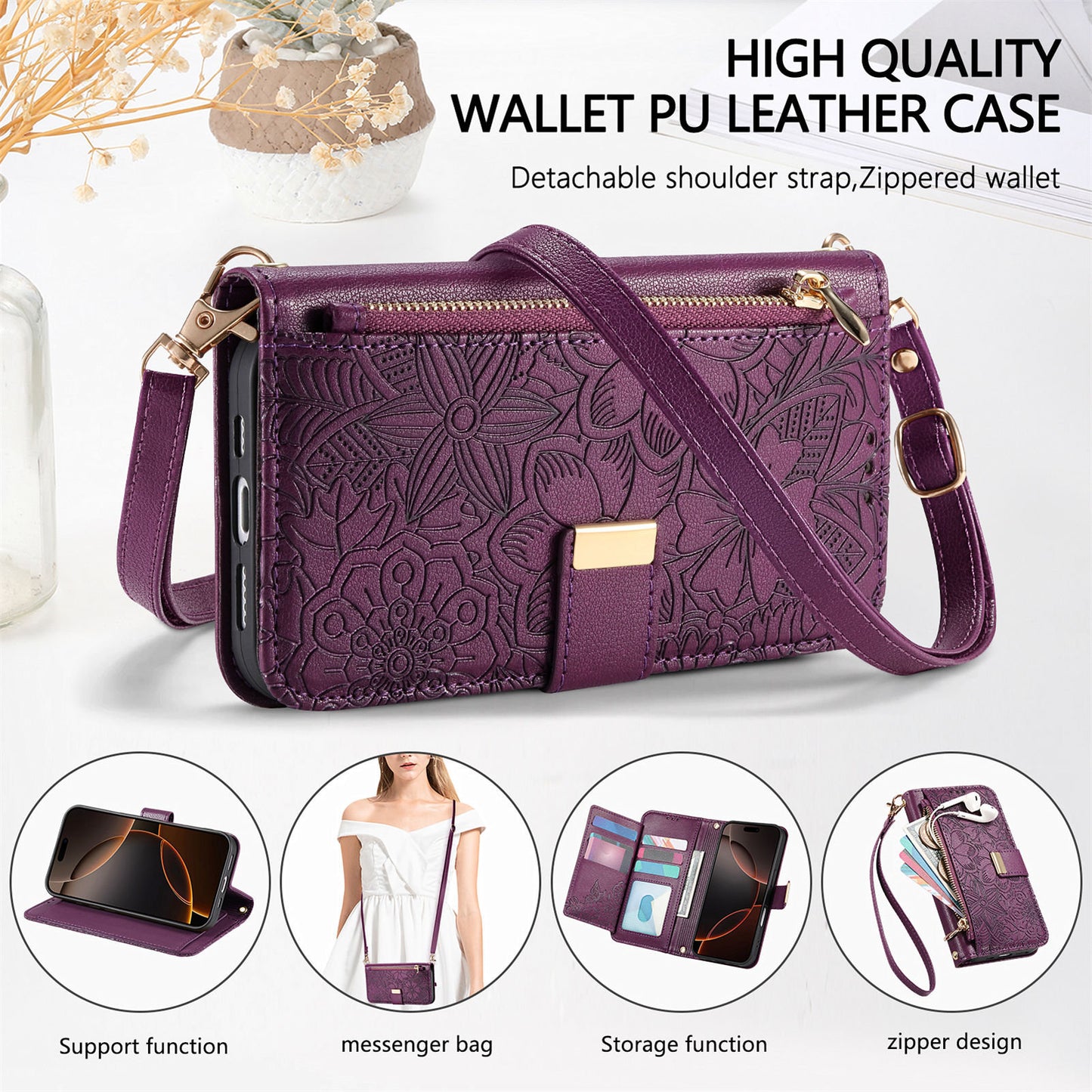 Floral & Leaf Elegant Fashion Crossbody Flip Phone Case for Samsung