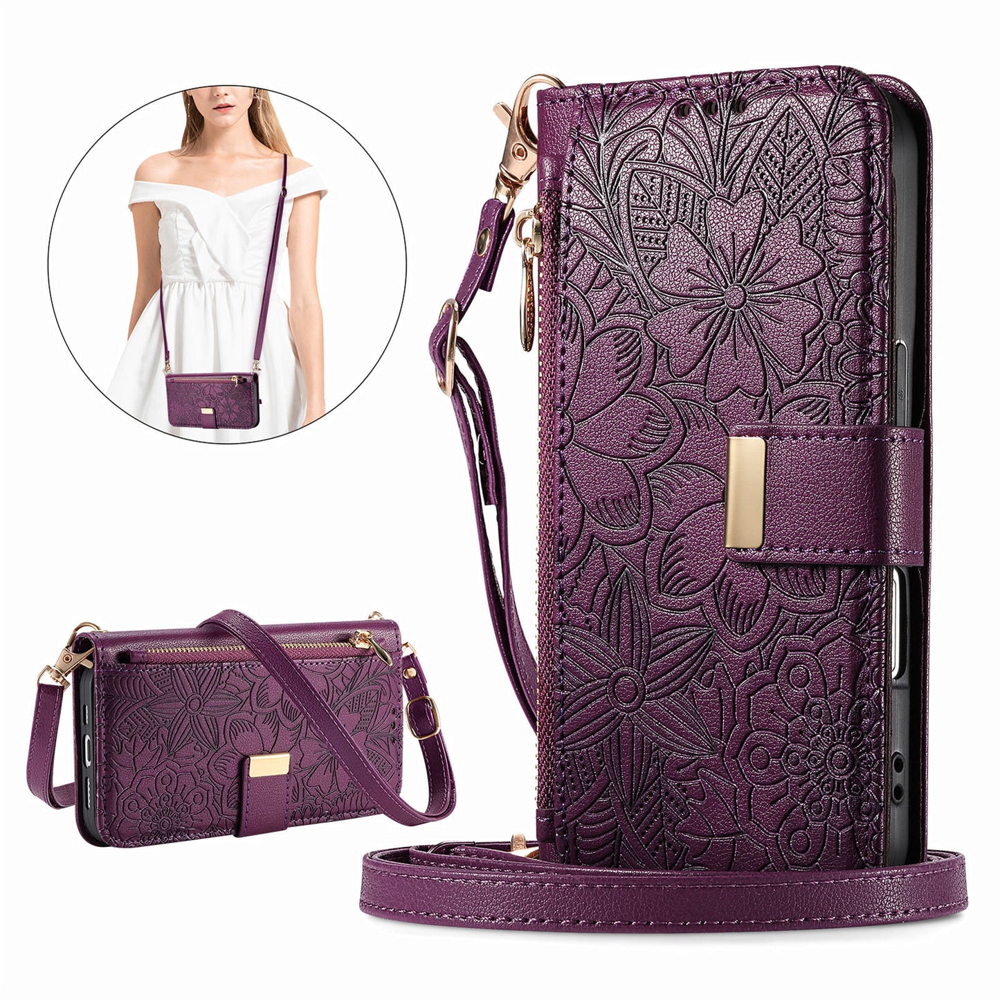 Floral & Leaf Elegant Fashion Crossbody Flip Phone Case for Samsung