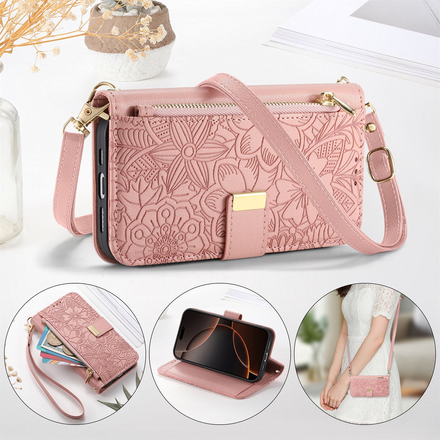 Floral & Leaf Elegant Fashion Crossbody Flip Phone Case for Samsung