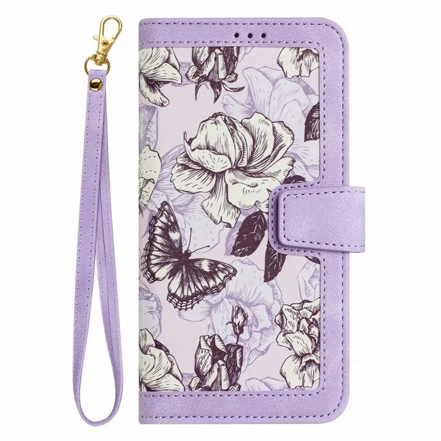 Wallet Phone Case with Plant Flowers Leather Flip Back Cover and Lanyard