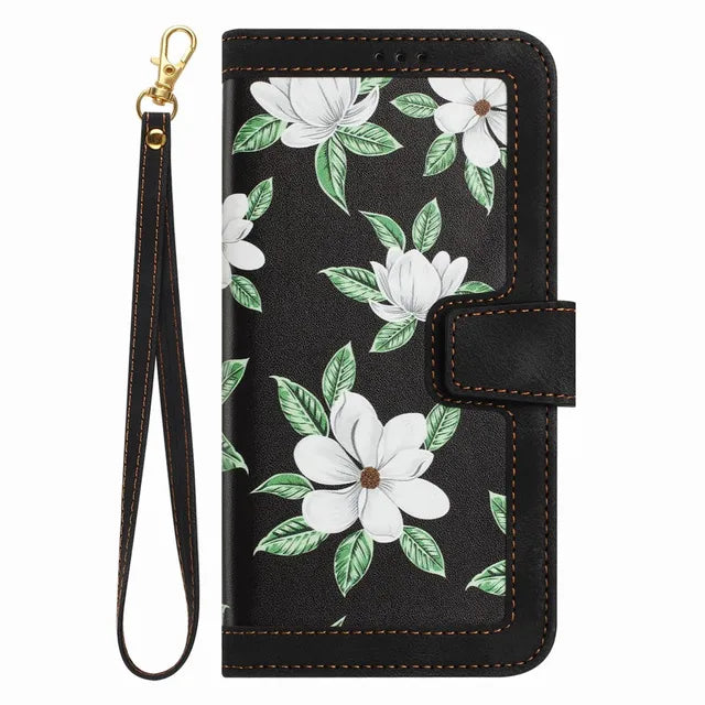 Wallet Phone Case with Plant Flowers Leather Flip Back Cover and Lanyard