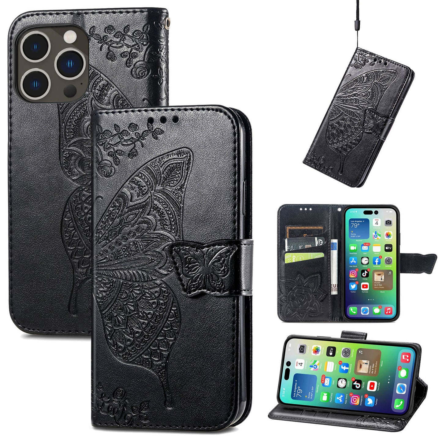 Embossed Butterfly Wallet Flip Case For iPhone