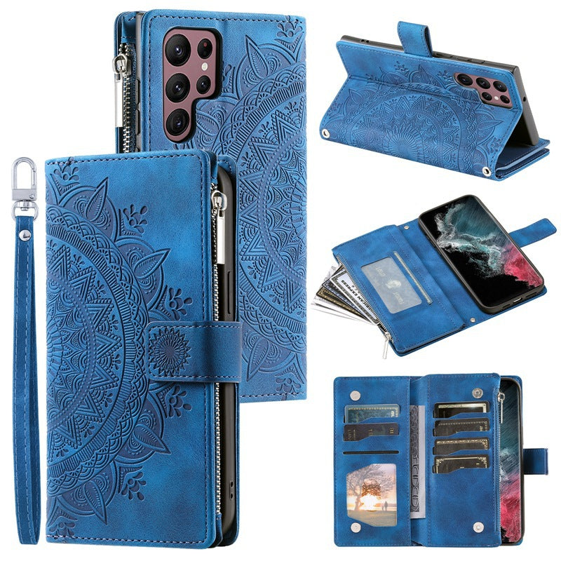 Luxury Mandala Embossed Leather Wallet Case for Samsung Galaxy: Zipper Card Slots & Full Protection
