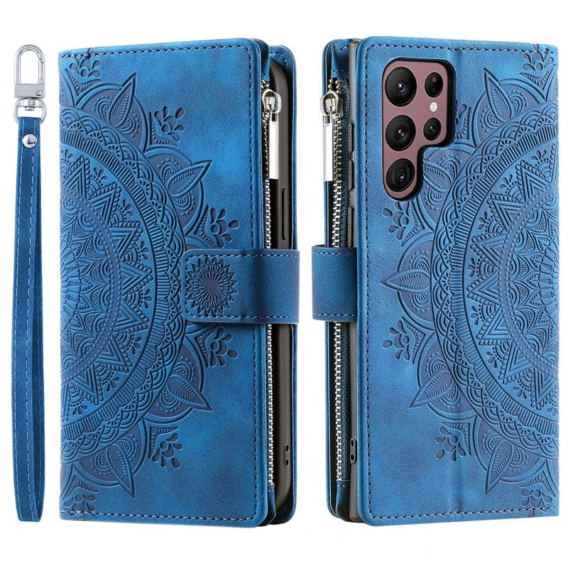 Luxury Mandala Embossed Leather Wallet Case for Samsung Galaxy: Zipper Card Slots & Full Protection