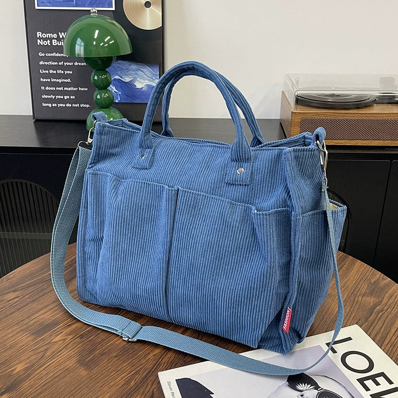 Corduroy Striped Crossbody Tote Bag - Casual Shoulder Bag with Zip Closure
