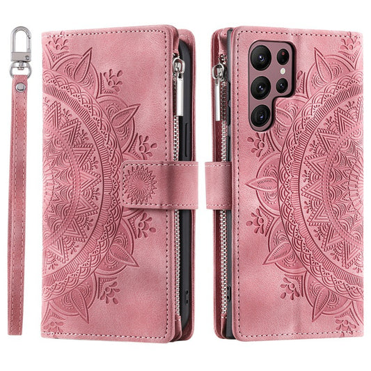 Luxury Mandala Embossed Leather Wallet Case for Samsung Galaxy: Zipper Card Slots & Full Protection