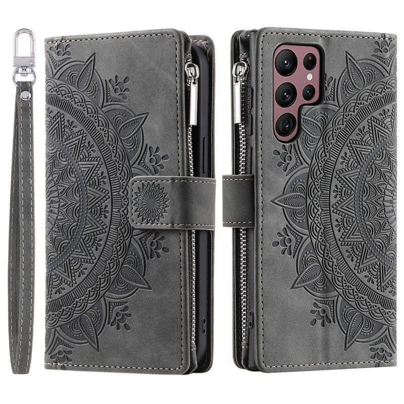 Luxury Mandala Embossed Leather Wallet Case for Samsung Galaxy: Zipper Card Slots & Full Protection