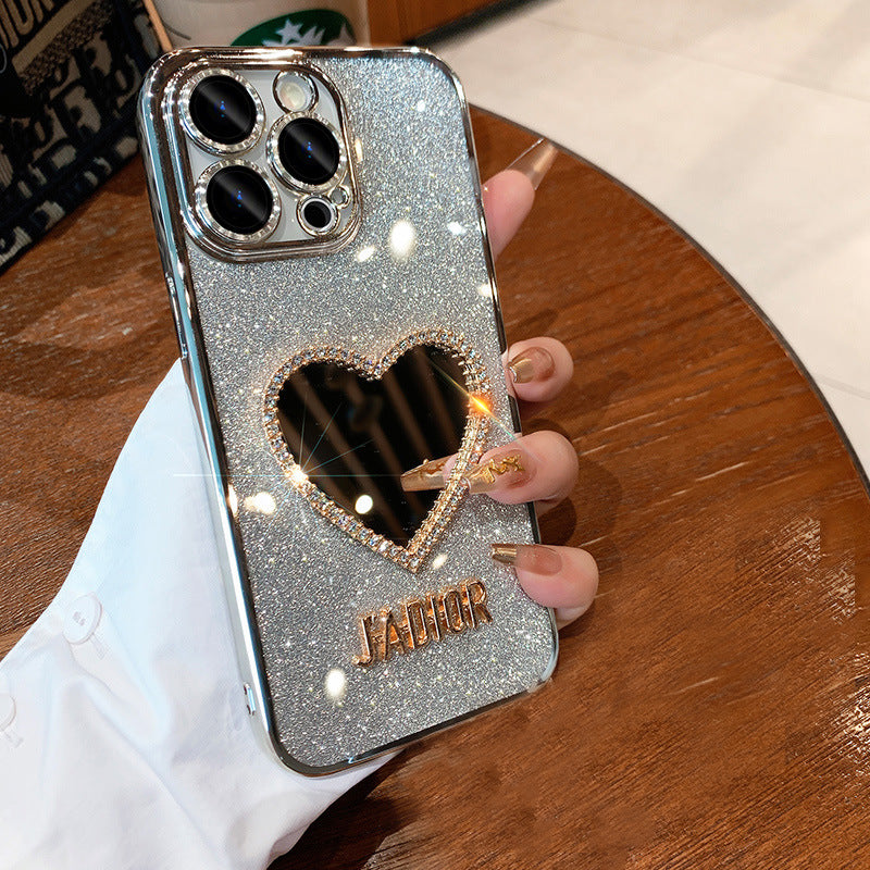 Heart-Shaped Rhinestone Mirror iPhone Case