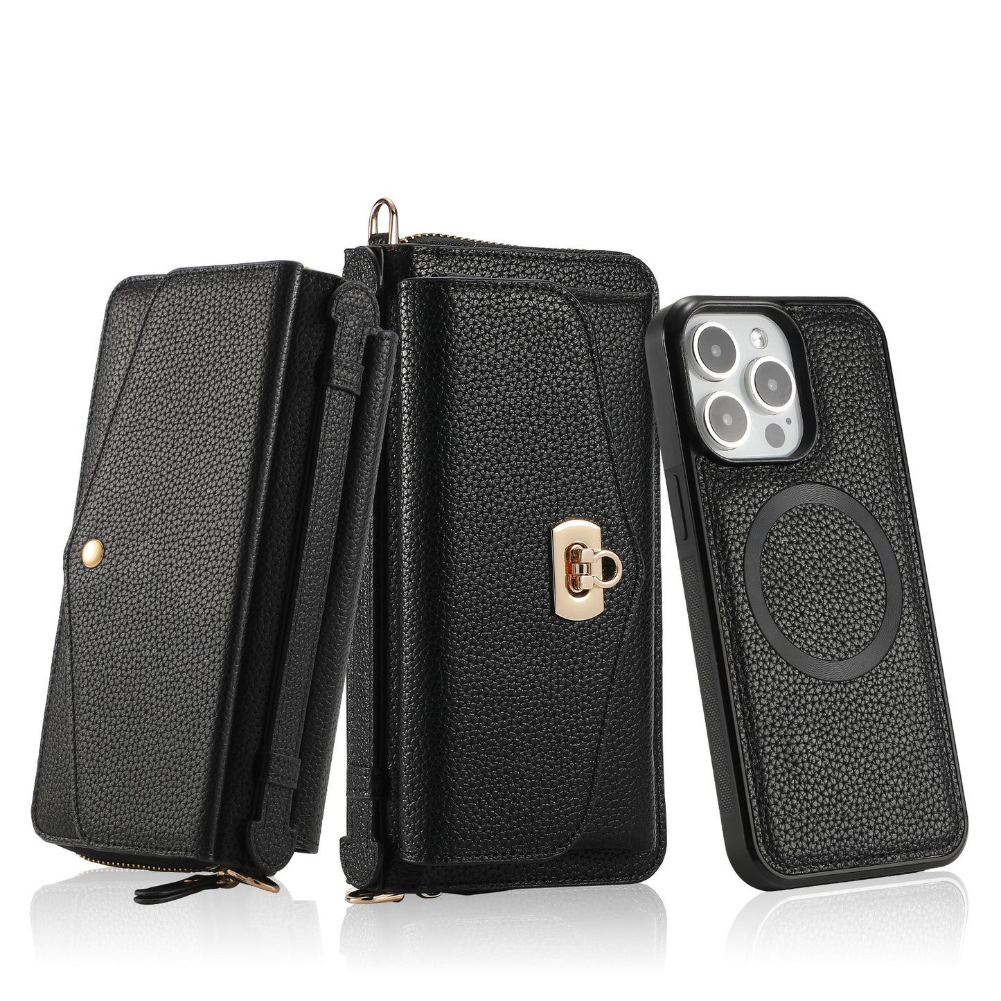 2 in 1 Removable Zip Card Solt Leather Wallet Case for iPhone