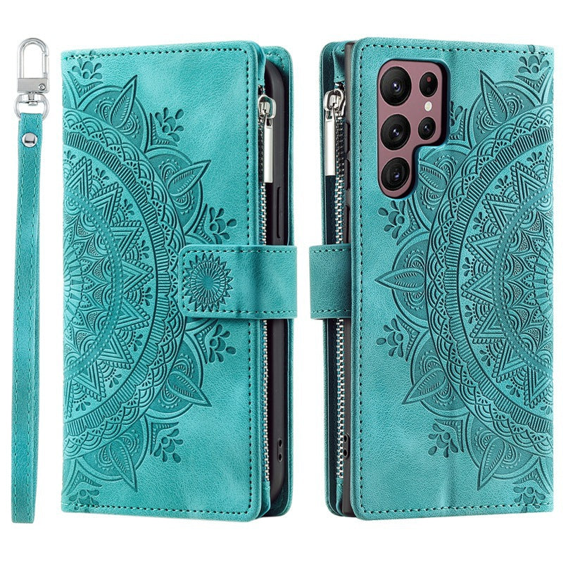 Luxury Mandala Embossed Leather Wallet Case for Samsung Galaxy: Zipper Card Slots & Full Protection