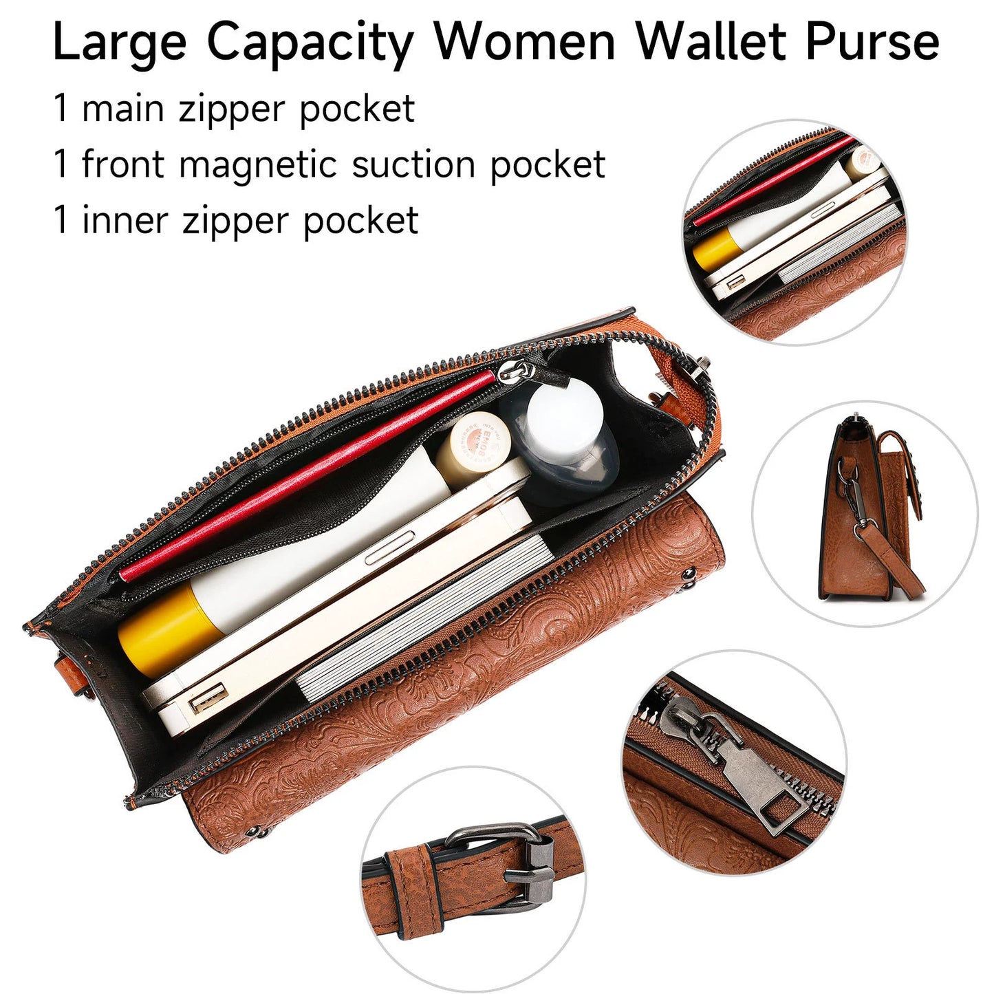 Women's Mini Leather Crossbody Bag | 15+ Card Slots, Phone Pocket | Adjustable Strap, Zip Closure
