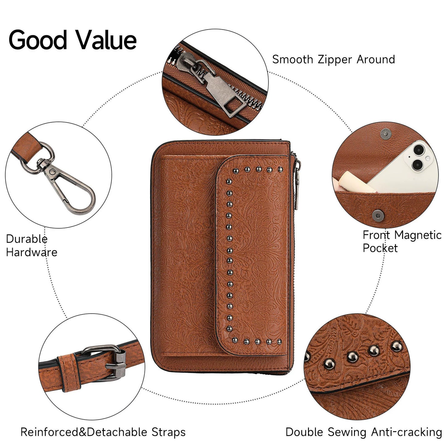 Women's Mini Leather Crossbody Bag | 15+ Card Slots, Phone Pocket | Adjustable Strap, Zip Closure