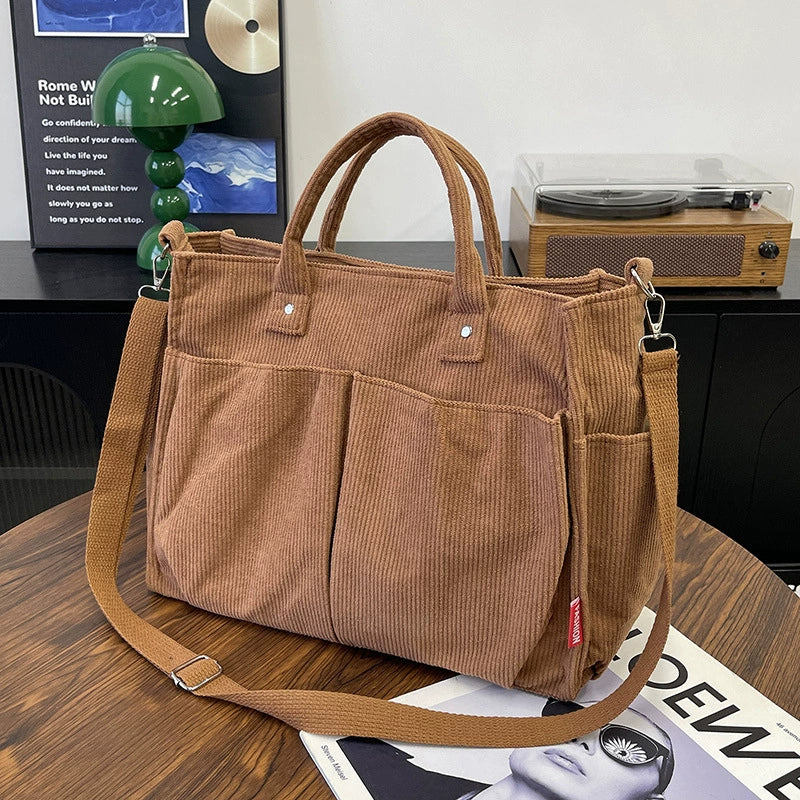 Corduroy Striped Crossbody Tote Bag - Casual Shoulder Bag with Zip Closure