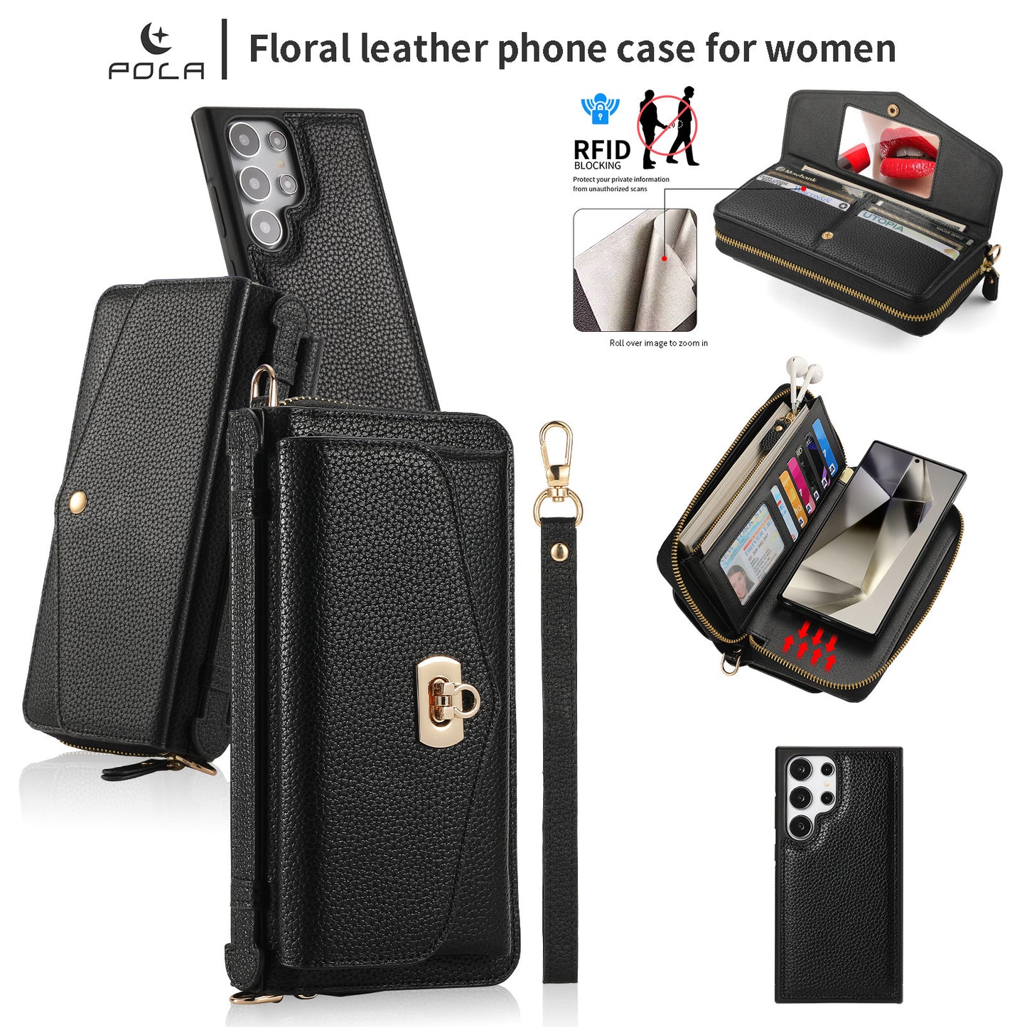 2 in 1 Removable Zip Card Solt Leather Wallet Case for Samsung