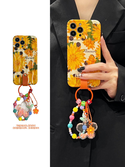Yellow Daisy With Lanyard Neck Strap Silicone Phone Case for iPhone