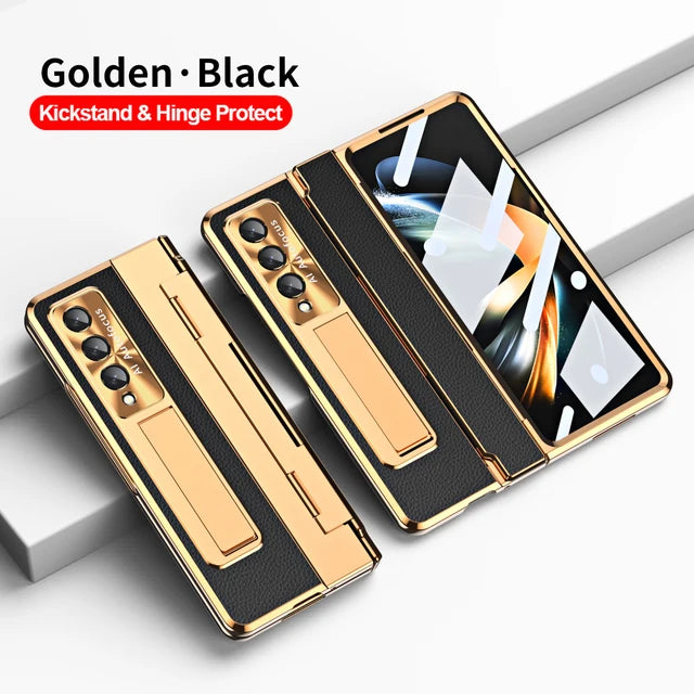 Plating Leather Stand Cover with Leveling Hinge and Front Glass