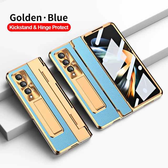 Plating Leather Stand Cover with Leveling Hinge and Front Glass