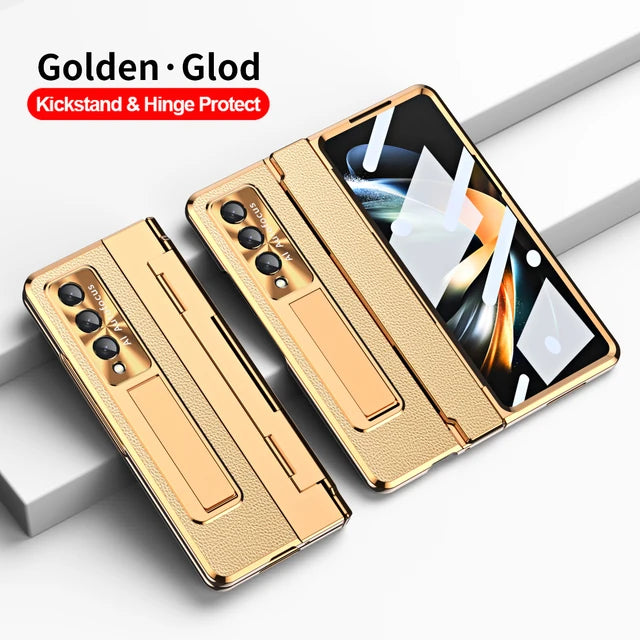 Plating Leather Stand Cover with Leveling Hinge and Front Glass