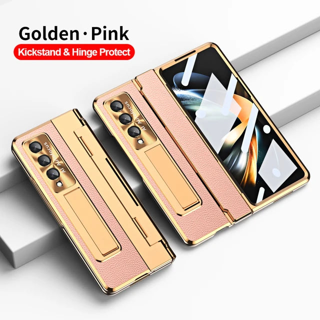 Plating Leather Stand Cover with Leveling Hinge and Front Glass