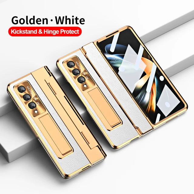 Plating Leather Stand Cover with Leveling Hinge and Front Glass