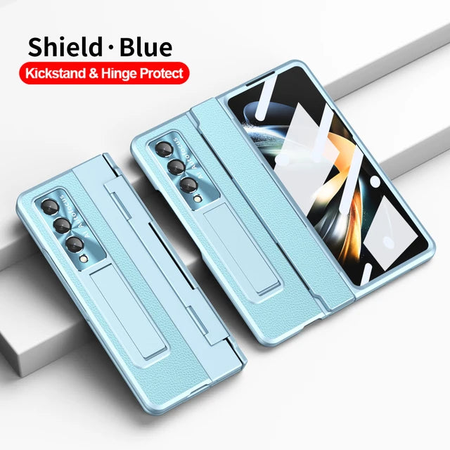 Plating Leather Stand Cover with Leveling Hinge and Front Glass