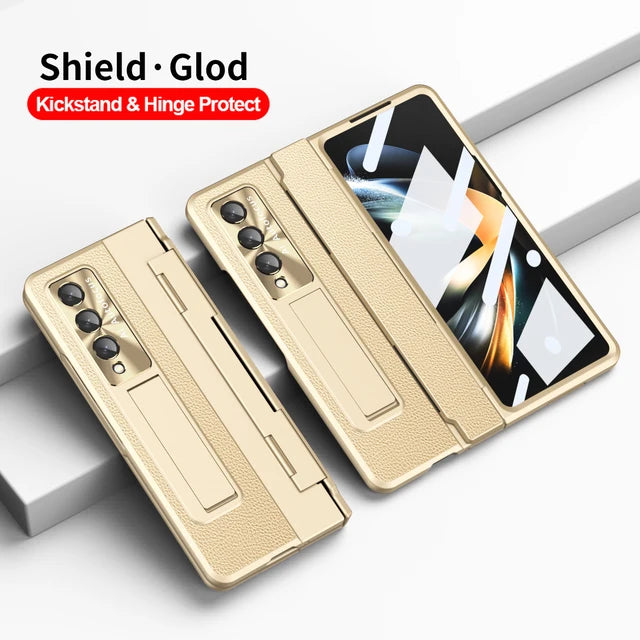 Plating Leather Stand Cover with Leveling Hinge and Front Glass