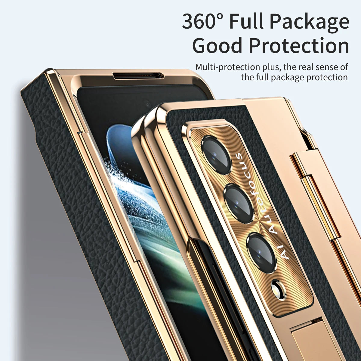 Plating Leather Stand Cover with Leveling Hinge and Front Glass