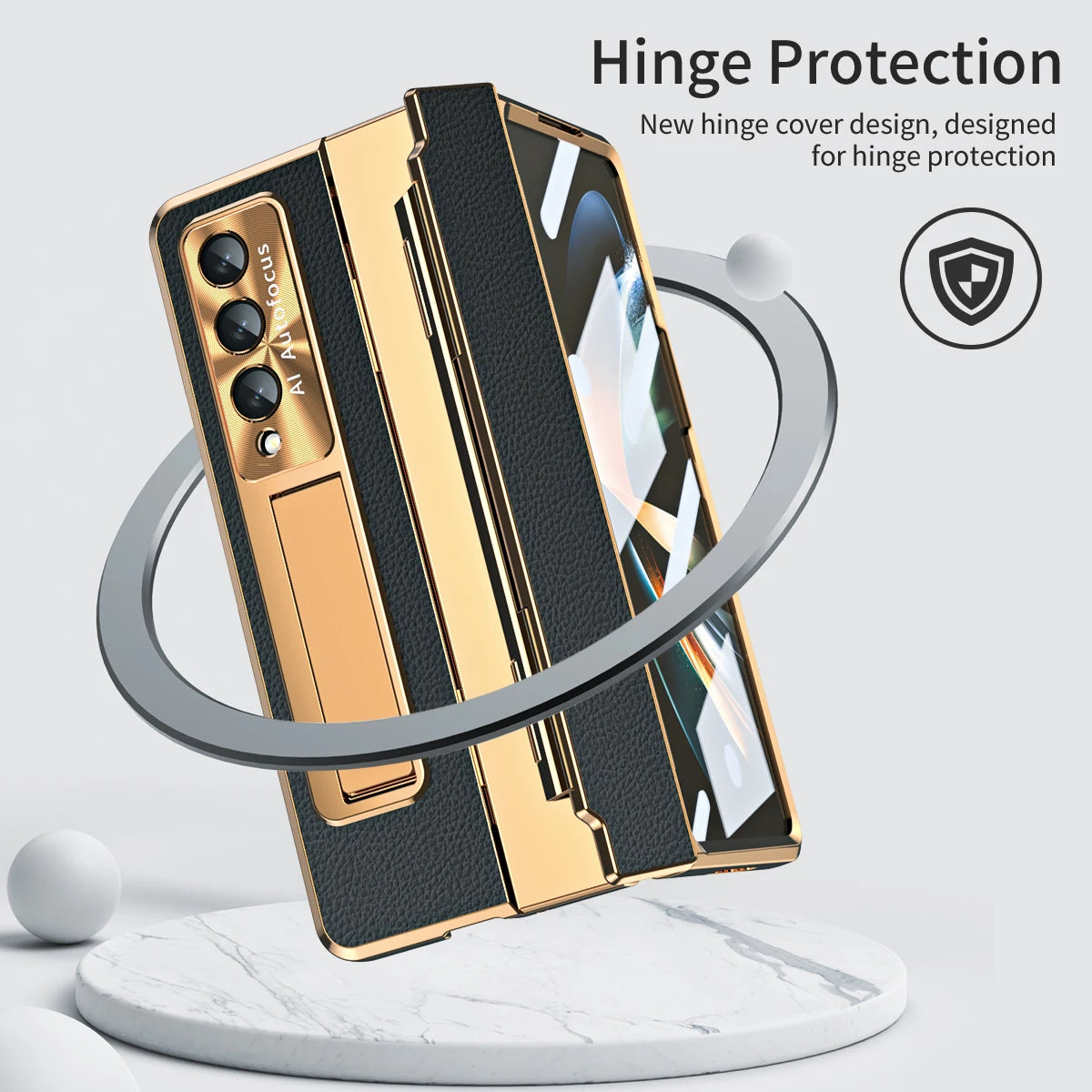 Plating Leather Stand Cover with Leveling Hinge and Front Glass