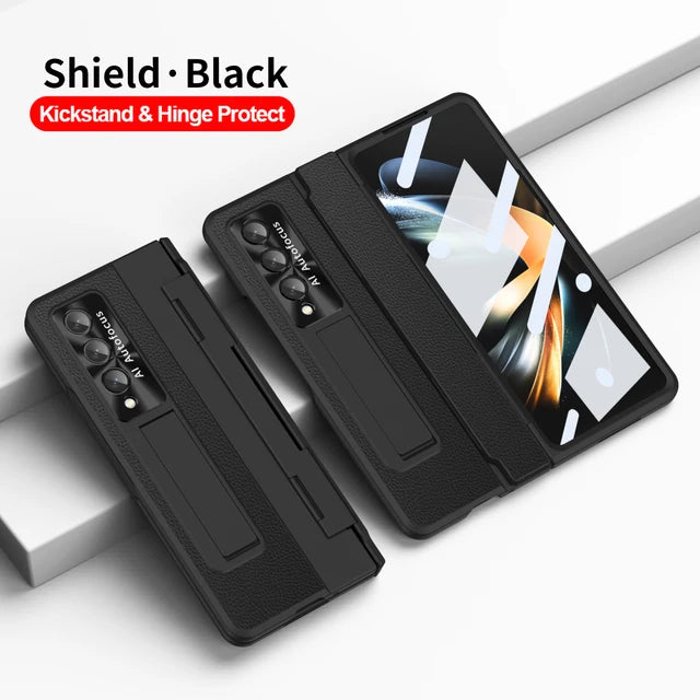 Plating Leather Stand Cover with Leveling Hinge and Front Glass
