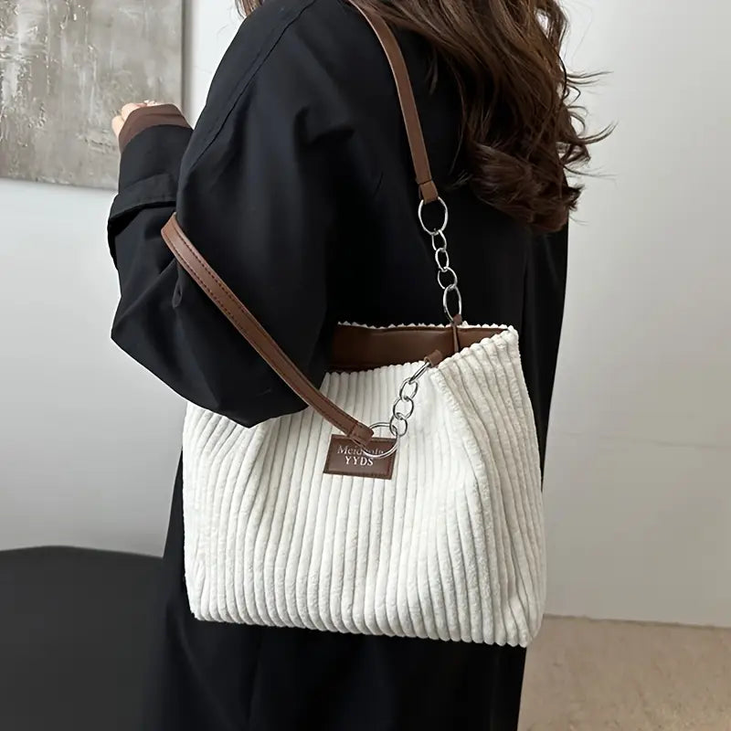 Elegant Corduroy Handbag for Women - Chain Shoulder Strap, Spacious Design, Zip Closure