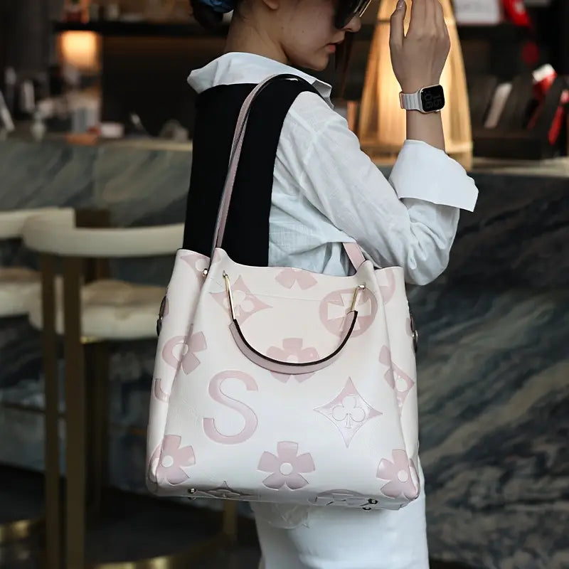 Elegant Floral Embossed Satchel Handbag - Faux Leather with Zipper Closure