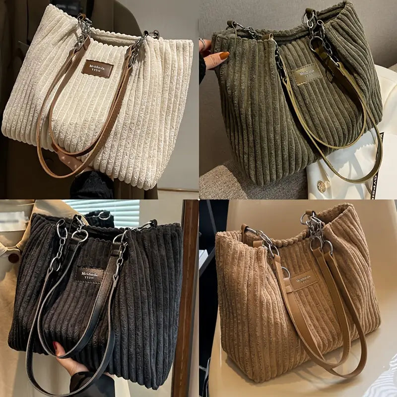 Elegant Corduroy Handbag for Women - Chain Shoulder Strap, Spacious Design, Zip Closure