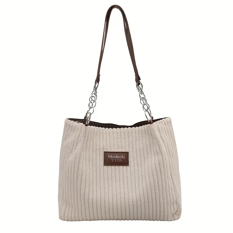 Elegant Corduroy Handbag for Women - Chain Shoulder Strap, Spacious Design, Zip Closure